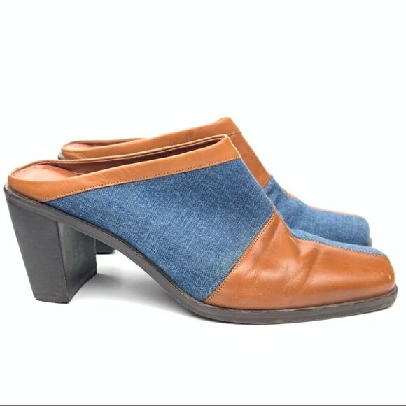 Worthington Napa heels size 8 cognac leather denim square toe mules western 90s - Picture 1 of 11